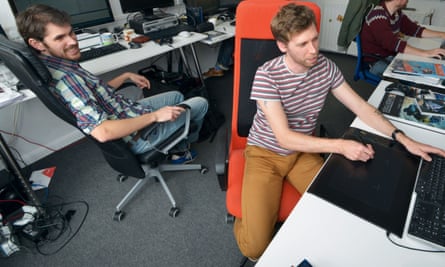 Sean Murray, Grant Duncan and David Ream of Hello Games at their studio in Guildford.