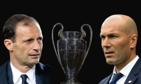 Juventus v Real Madrid - UEFA Champions League Final<br>FILE PHOTO (EDITORS NOTE: GRADIENT ADDED) - Image numbers 464313758,674881574,686430224 ) In this composite image a comparision has been made between Juventus FC head coach Massimiliano Allegri and Zinedine Zidane, Head Coach of Real Madrid.  Juventus and Real Madrid meet in the UEFA Champions League Final at the National Stadium of Wales on June 3, 2017 in Cardiff,Wales.   ***LEFT IMAGE*** BERGAMO, ITALY - APRIL 28: Juventus FC coach Massimiliano Allegri looks on before the Serie A match between Atalanta BC and Juventus FC at Stadio Atleti Azzurri d'Italia on April 28, 2017 in Bergamo, Italy. (Photo by Emilio Andreoli/Getty Images) ***RIGHT IMAGE*** MALAGA, SPAIN - MAY 21: Zinedine Zidane, Manager of Real Madrid looks on during the La Liga match between Malaga and Real Madrid at La Rosaleda Stadium on May 21, 2017 in Malaga, Spain. (Photo by Aitor Alcalde/Getty Images)