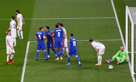 England celebrate their fourth goal against San Marino.
