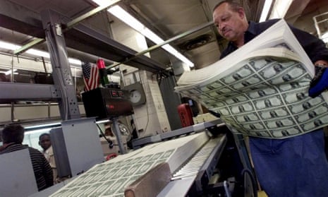 Sheets of $1 bills prior to cutting at the Bureau of Printing and Engraving in Washington.