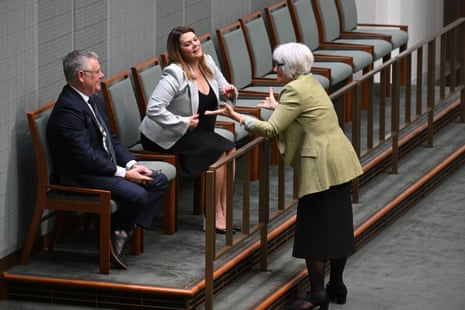 Environment minister Murray Watt sits next to to Greens senator Sarah Hanson-Young (middle) who speaks to Greens member for Ryan, Elizabeth Watson-Brown during debate of the Environment Protection and Biodiversity Conservation (EPBC) Act in the House of Representatives on Friday.
