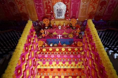 A general view of the Altar de Muertos (lit. ‘The Altar of the Dead’) at the main stairs of the headquarters of the House of Mexico in Madrid, Spain.