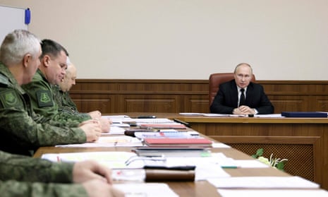 Vladimir Putin meets with the joint staff of troops involved in Russia’s military operation in Ukraine in an undisclosed place in Russia.