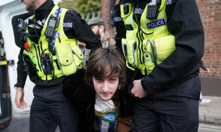 File photo dated 09/11/22 of police detaining protester Patrick Thelwell after he appeared to throw eggs at King Charles III and the Queen Consort as they arrived for a ceremony at Micklegate Bar in York