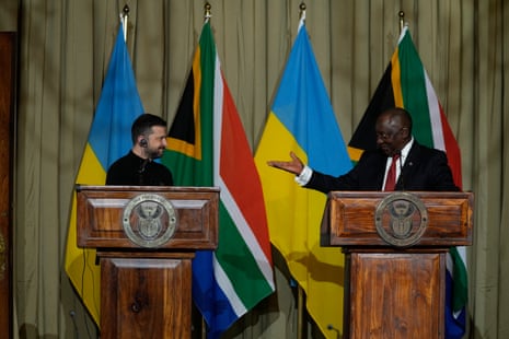 South Africa's president Cyril Ramaphosa and Ukrainian president Volodymyr Zelenskyy address the media following their meeting at the Union Buildings in Pretoria, South Africa.
