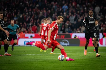 Harry Kane scores against Freiburg in Bayern’s 6-2 win