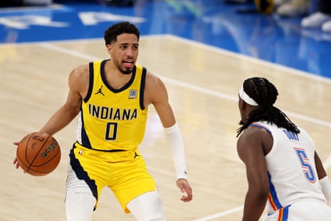 Tyrese Haliburton of the Indiana Pacers is defended by Luguentz Dort of the Oklahoma City Thunder during the second quarter of Thursday’s Game 1 of the NBA finals.