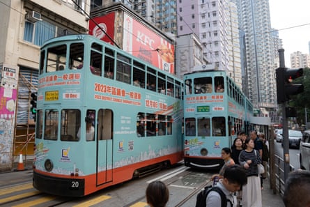 Trams bearing election promotional materials in Hong Kong