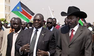 South Sudanese president Salva Kiir, right, with former vice-president Riek Machar, centre, in 2011.