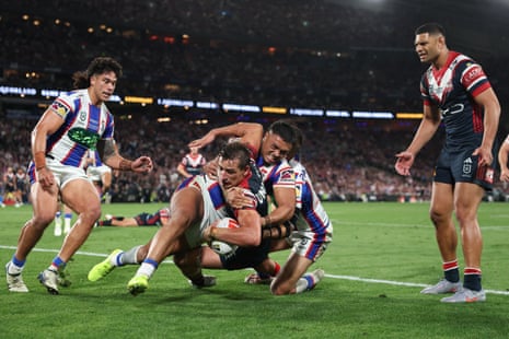 With strength and composure, Billy Smith scores an important try for the Roosters