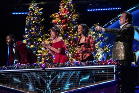 Mo Gilligan, Davina McCall, Maya Jama and Jonathan Ross on The Masked Singer Christmas Special.