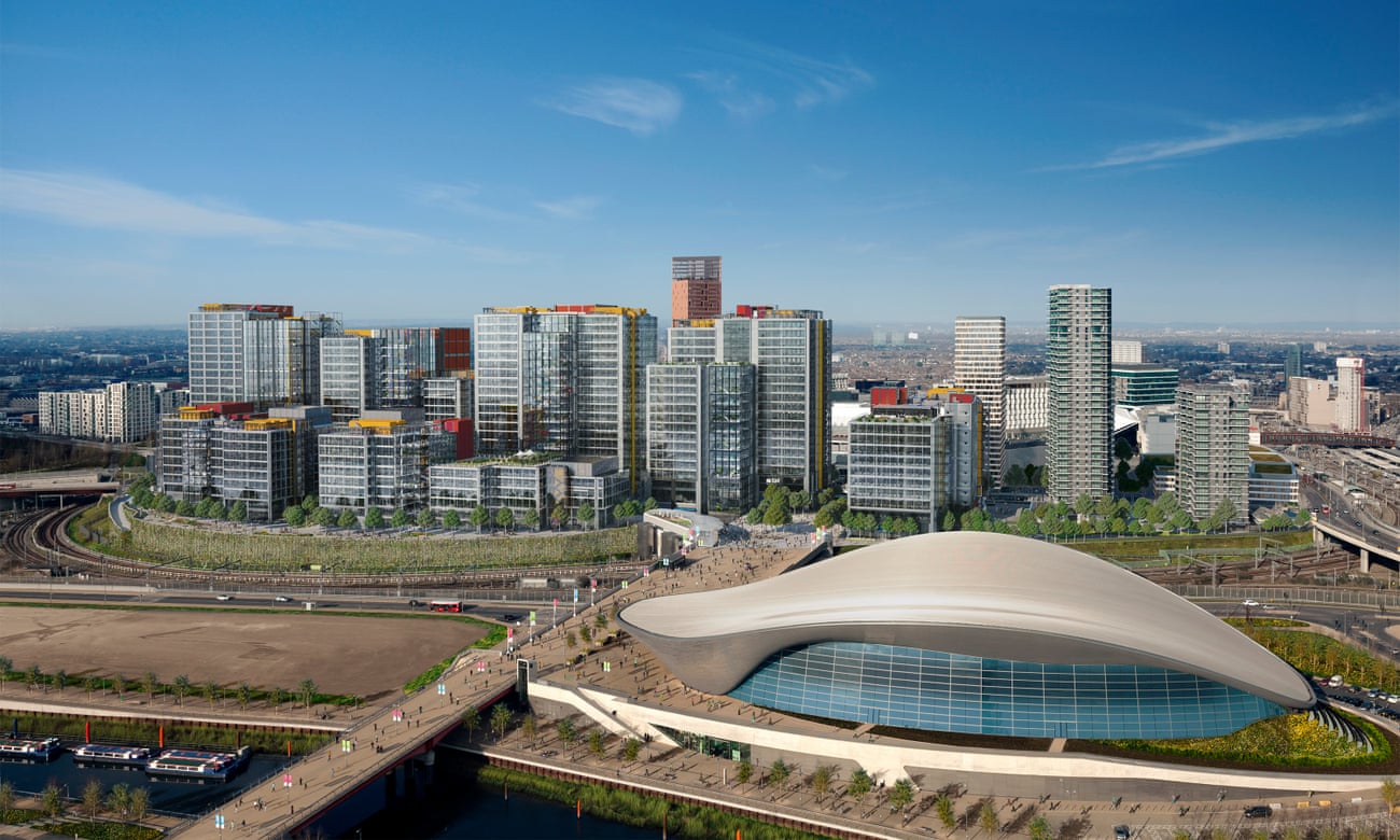 ‘These commercial slabs will at least block the view of Stratford’s tackier towers’ … the projected International Quarter, with Zaha Hadid’s Aquatics Centre in the foreground.
