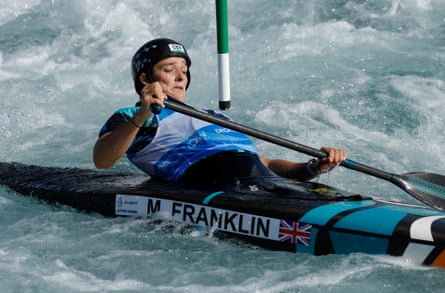 Mallory Franklin of Great Britain narrowly avoids hitting a gate on her way to the gold medal in the women’s canoe final during day four of the ICF Canoe Slalom World Championships 2023 at the Lee Valley White Water Centre.
