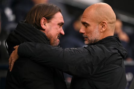 Daniel Farke with Pep Guardiola after Leeds recovered from 2-0 down but lost 3-2 at Manchester City in November 2025