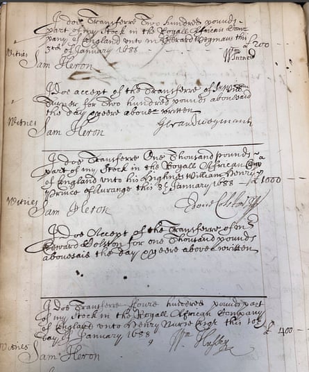 The document detailing the transfer of shares in the Royal African Company from Edward Colston to King William III