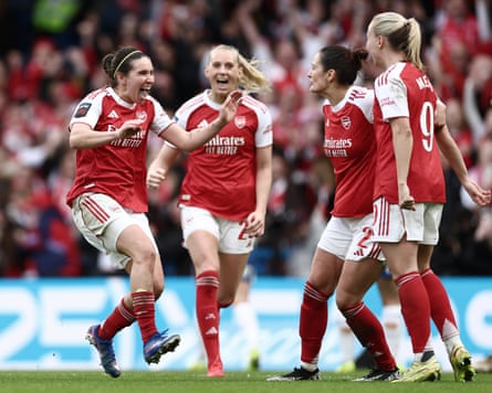 Arsenal women celebrate a goal at Chelsea on 24 January
