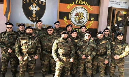 Members of Paramilitary group Serbian Honour pose in Banja Luka.
