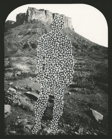 an outline of a person overlayed on black and white canyon