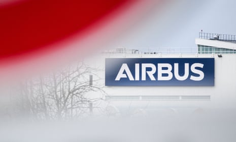 The logo of aircraft manufacturer Airbus at a factory, in Montoir-de-Bretagne, western France.