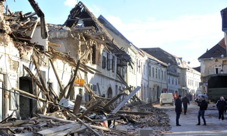 A view of remains of a building damaged in an earthquake in Petrinja, Croatia, Tuesday, Dec. 29, 2020. A strong earthquake has hit central Croatia and caused major damage and at least one death and 20 injuries in a town southeast of the capital Zagreb. (AP Photo)
