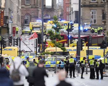 Large number of emergency services vehicles on Liverpool city street
