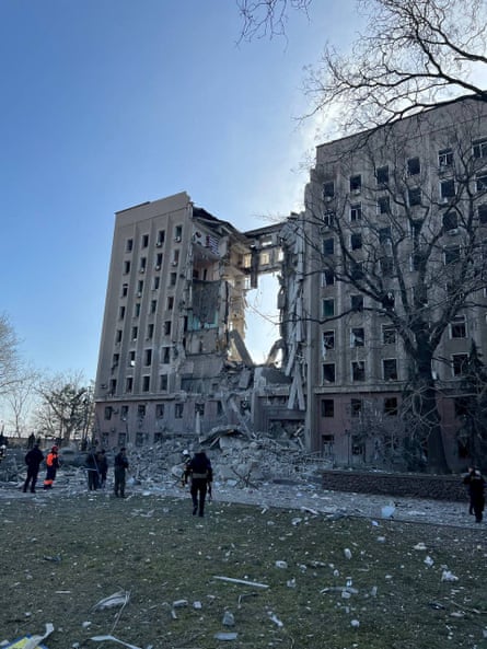 The aftermath of the strike on the regional government building in Mykolaiv.