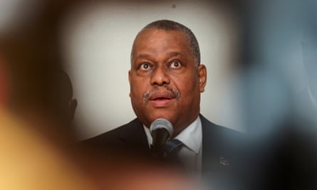 Haitian PM Conille holds press conference at Port-au-Prince airport this July.