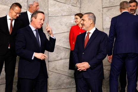 David Cameron talking with Turkey’s foreign minister Hakan Fidan as Nato foreign ministers lined up for their ‘family photo’.