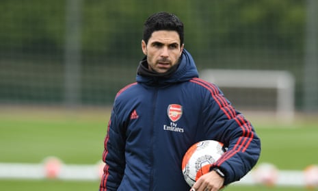 Mikel Arteta takes a training session at Arsenal’s Colney centre