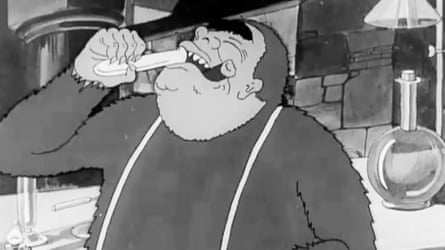 A black and white cartoon of a caricature of Winston Churchill with a white stick in his mouth