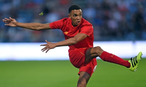 Trent Alexander-Arnold pictured playing for Liverpool in a friendly against Huddersfield as a 17-year-old.