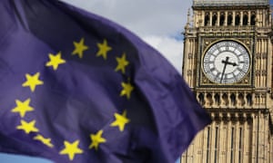 An EU flag is seen near the Houses of Parliament.