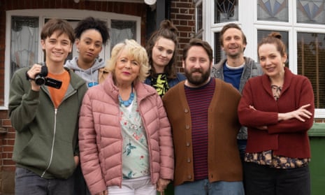 My family and other animals … (From left) Jude Morgan-Collie, Mica Ricketts, Alison Steadman, Freya Parks, Jim Howick, Tom Basden, Katherine Parkinson.