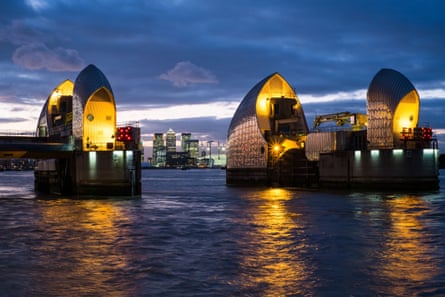 Night shot of Thames barrier in London