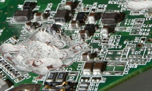 A close-up of the laptop circuit board destroyed under the supervision of GCHQ in the basement of the Guardian offices.