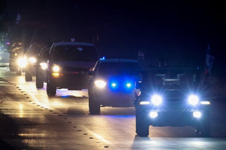 The convoy carrying Israeli-American former hostage Edan Alexander, who has been released from captivity by Hamas, drives on a road in Reim, Israel.