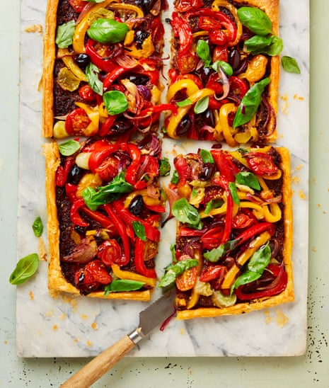 Meera Sodha's tapenade tart with peppers and tomatoes.