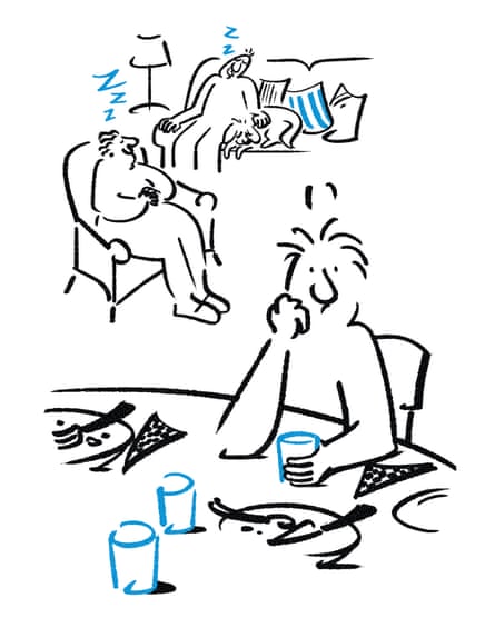Illustration of one person sitting at a table after a meal, with two others asleep on a chair and sofa behind him