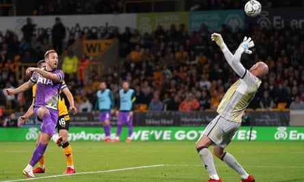 Harry Kane sees this shot saved by Wolves’ John Ruddy but he did score in the Carabao Cup tie.
