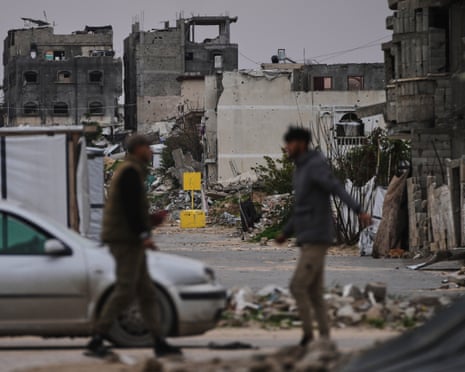 A yellow block demarcating the ‘Yellow Line’ that separates Gaza’s Israeli-held and Palestinian zones since the October 2025 truce, seen in Khan Younis, southern Gaza