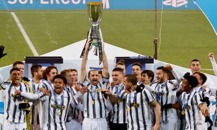 Juventus and Cristiano Ronaldo (top right) celebrate the Italian Super Cup triumph.