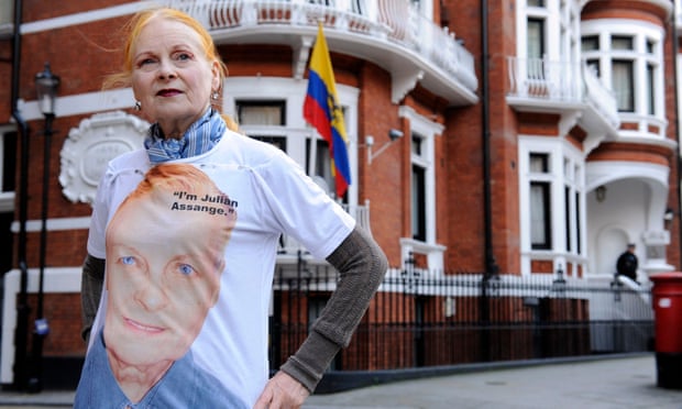 Vivienne Westwood wearing a pro-Julian Assange T-shirt outside the Ecuadorian embassy in London