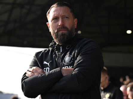 The Blackpool interim manager, Stephen Dobbie, on the touchline at Stockport
