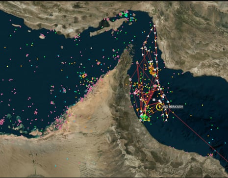 होर्मुज जलडमरूमध्य के निकट जग प्रकाश तेल टैंकर को दर्शाने वाला मानचित्र