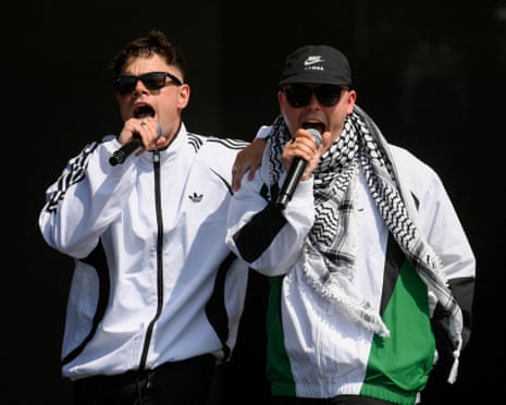 Moglai Bap and Mo Chara of Kneecap perform at Glastonbury Festival at Worthy Farm in Pilton, Somerset, Britain.