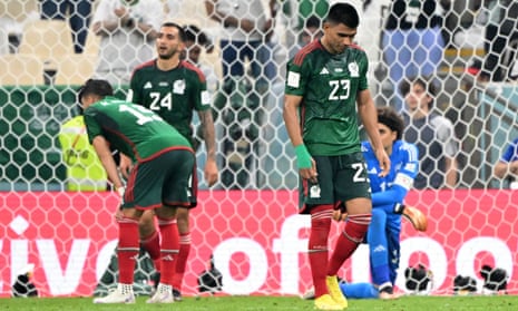 Mexico's Jesus Gallardo, Hector Moreno, Luis Chavez and Guillermo Ochoa look dejected after Saudi Arabia score towards the end of the game.