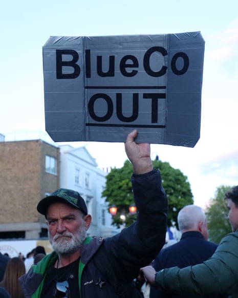 Chelsea and Strasbourg fans protest against their owner Blue-Co before Chelsea’s match against Manchester United at Stamford Bridge on 18 April 2026.