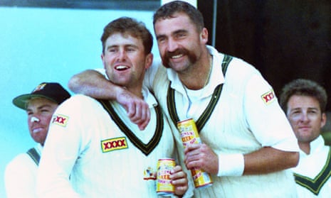 Merv Hughes (right) with Mark Taylor celebrating Australia's retaining of the Ashes in 1993