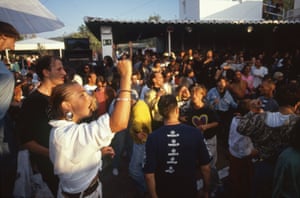 Ibiza 89 Amnesia Pete Heller (at left in black T-shirt) and Portia Bishop (white shirt) greet the sunrise greet the sunrise at Amnesia.