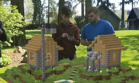 In Minecraft Earth, users can construct scale models on any flat surface; larger versions can then be placed in open areas for exploration and sharing